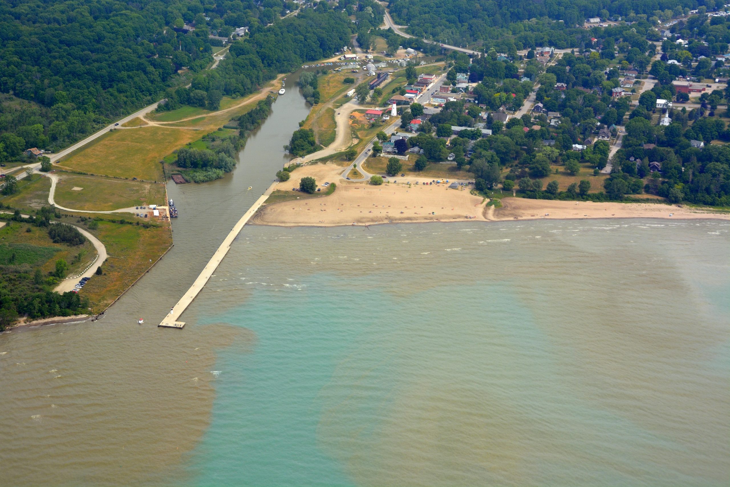 aerial view of Port Burwell a community on the north shore of Lake Erie; Elgin County, Ontario, Canada